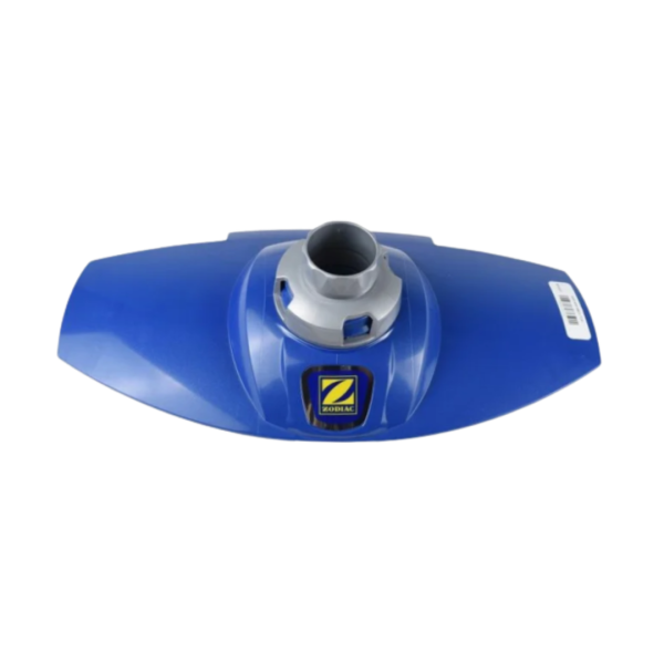 Top-down view of blue ZODIAC MX8 Elite Body Top Cover featuring the central grey swivel mechanism and yellow Zodiac logo – Genuine replacement lid assembly at Pool Mecca.