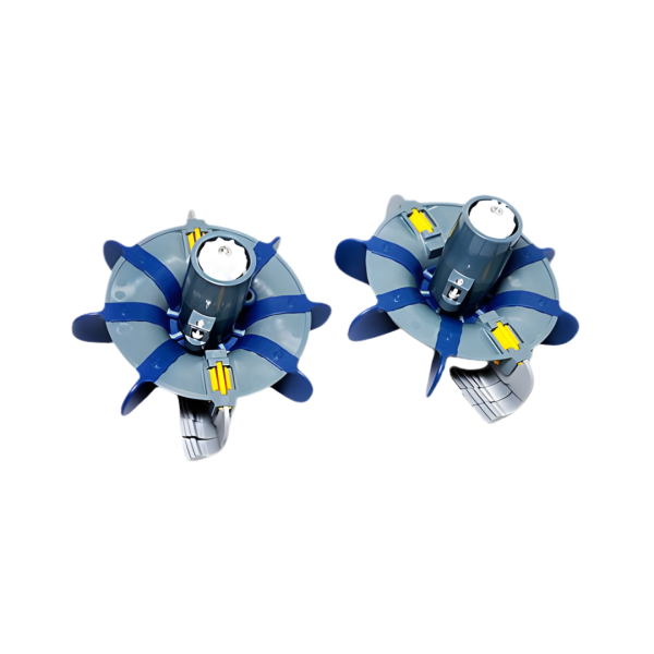 Pair of Zodiac MX8 Elite Fan and Scrubber Assemblies showing integrated grey scrubbing brushes and blue turbine blades – Genuine upgrade kit at Pool Mecca.