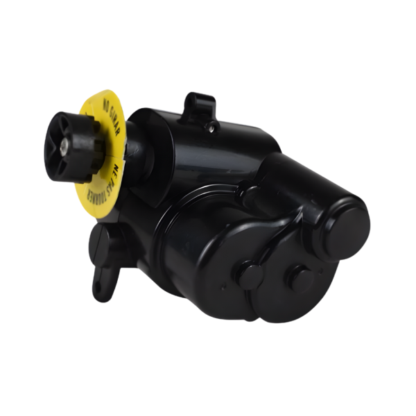 Zodiac MX8 Gear Box Assembly Side B (Black) showing drive gear and yellow 'No Girar' warning tag – Genuine replacement part at Pool Mecca.