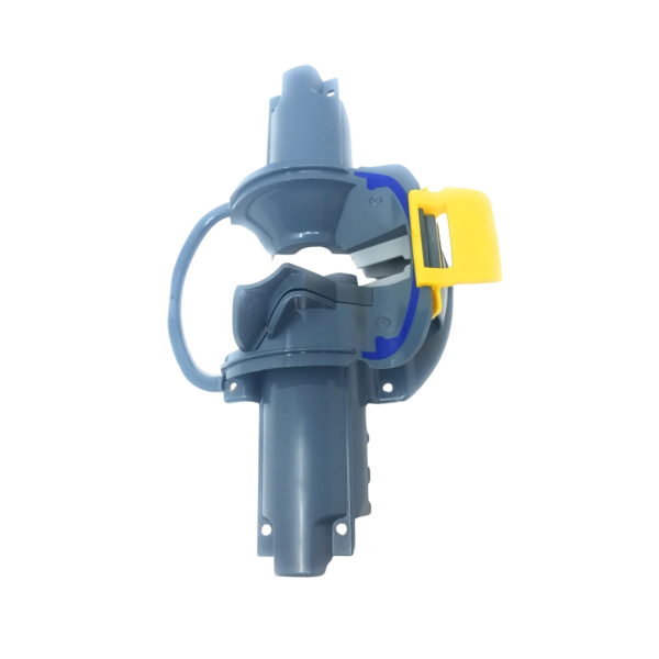 op view of Zodiac MX8 Middle Engine Housing Assembly featuring the grey central chassis and distinct yellow locking latch – Authentic spare part available at Pool Mecca.