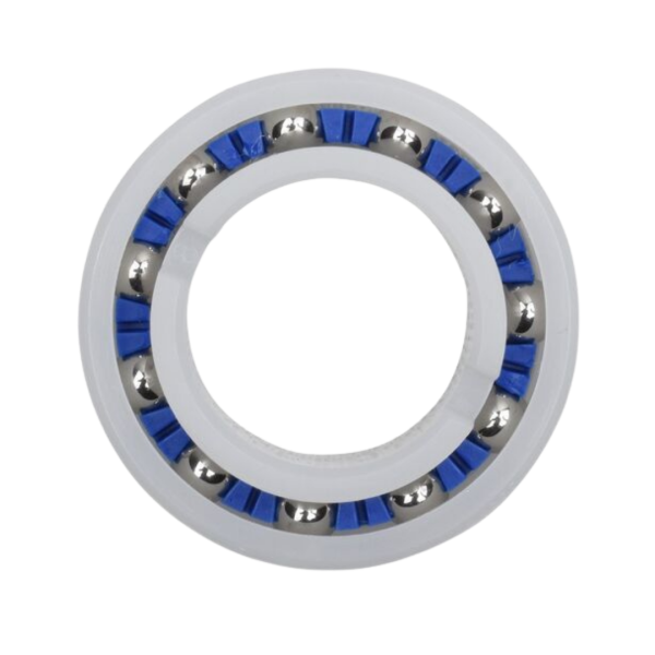 Top view of Zodiac MX8-MX6 Wheel Bearing displaying stainless steel balls and blue cage retainer – Genuine replacement part at Pool Mecca.