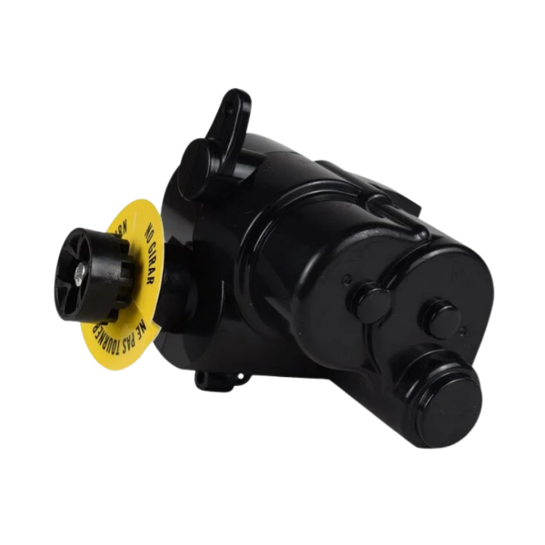 Zodiac MX8-MX6 Gear Box Assembly Side A (Black) featuring drive shaft with yellow warning tag – Genuine replacement part at Pool Mecca.