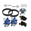 Flat lay of Zodiac MX8 Rebuild Kit components including tracks, gearboxes, scrubbing fans, and drive shafts.components including two tracks, two engine gearboxes, two scrubbing fans, drive shafts, and wheel bearings – Genuine spare parts bundle from Pool Mecca.