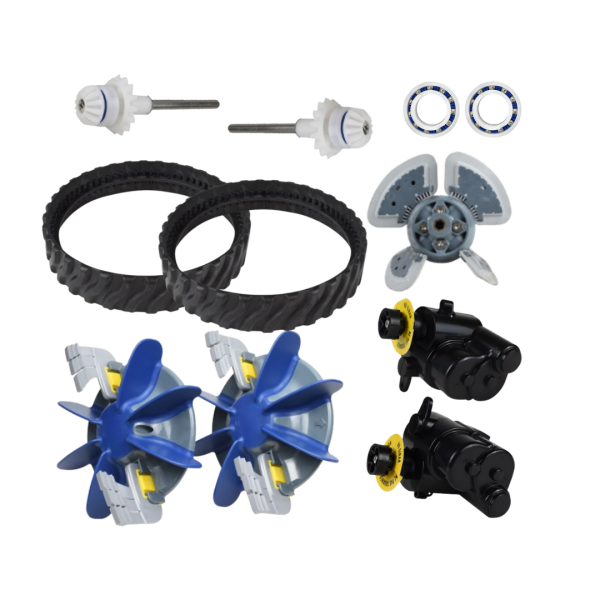 Flat lay of Zodiac MX8 Rebuild Kit components including tracks, gearboxes, scrubbing fans, and drive shafts.components including two tracks, two engine gearboxes, two scrubbing fans, drive shafts, and wheel bearings – Genuine spare parts bundle from Pool Mecca.