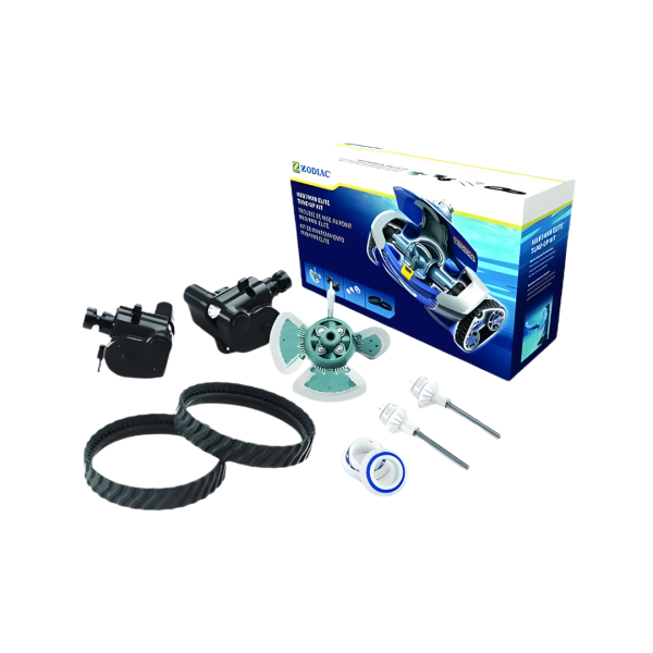 Zodiac Pool Cleaner Gearbox and Engine Service Kit displaying replacement tracks, engine assembly, and drive shafts with original packaging – Available at Pool Mecca.