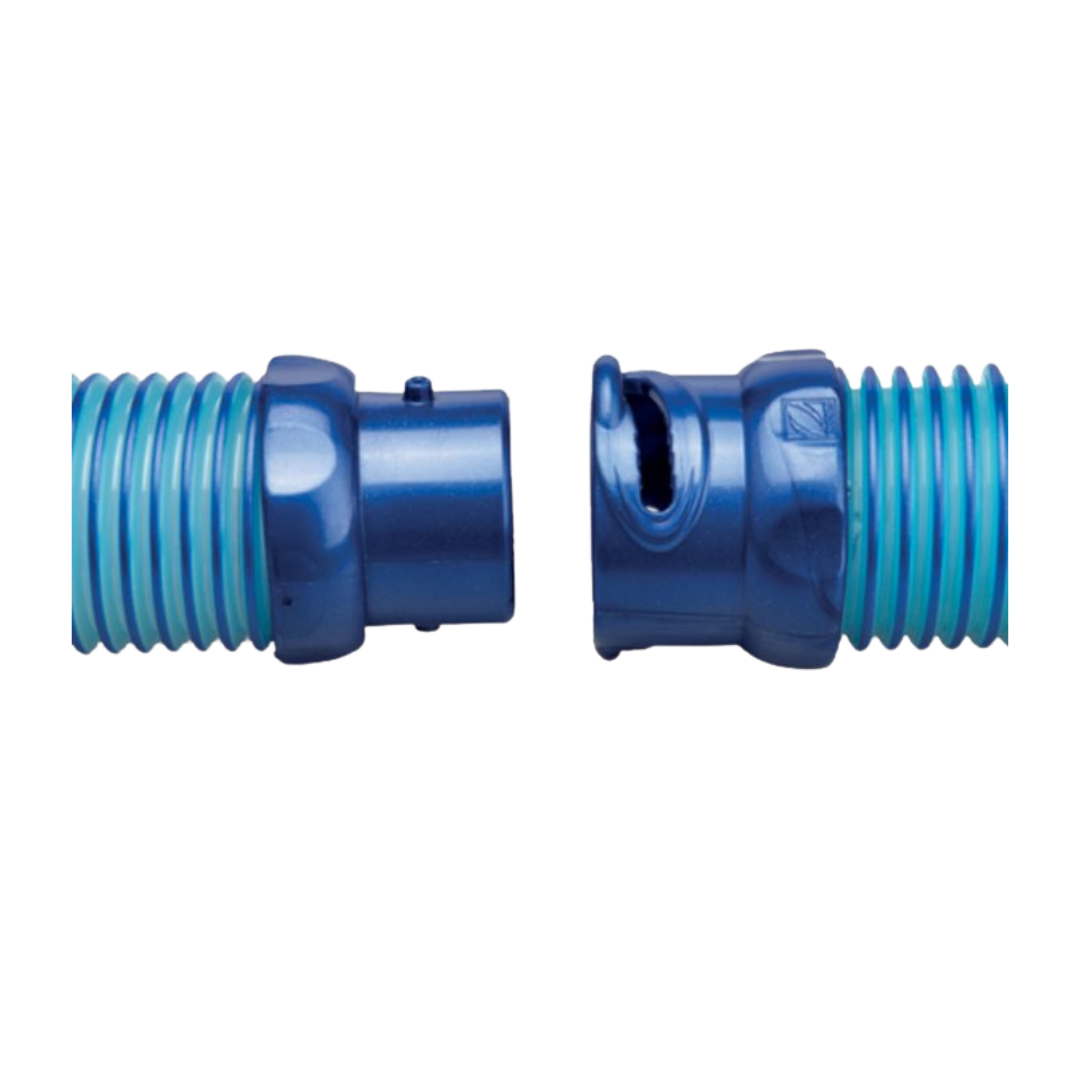 Zodiac Twist Lock Hose Blue 1.2m main Close-up of Zodiac Twist Lock Hose Blue connectors showing male and female ends ready to join – Genuine 1.2m pool hose at Pool Mecca.