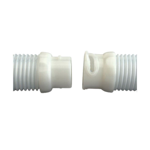Close-up of Zodiac Twist Lock Hose Pearl White connectors showing male and female ends ready to join – Genuine 1.2m pool hose at Pool Mecca.