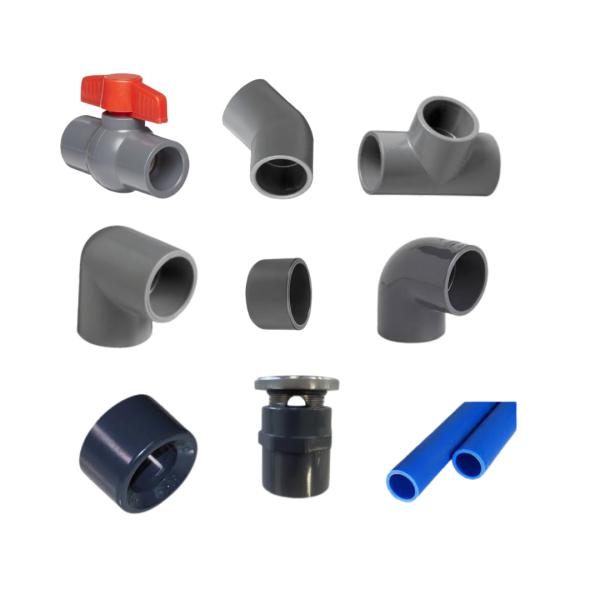 32mm spa PVC fittings including elbows, tee connector, coupling, ball valve and pipe sections for hot tub plumbing