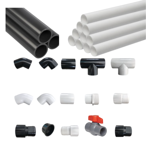 50mm PVC pool pipes and fittings including elbows, tee connectors, couplings, unions, threaded adapters and a ball valve