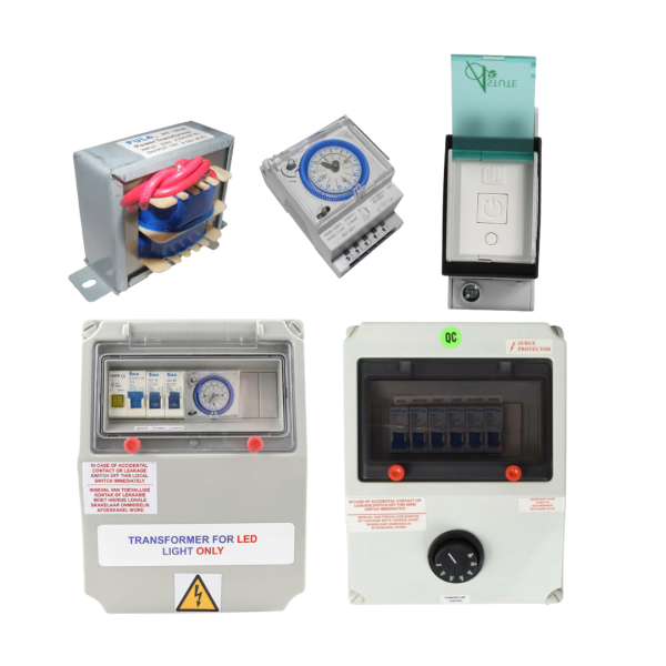 Pool DB boxes and time switches including timer modules, electrical enclosures and control components for pumps and lights