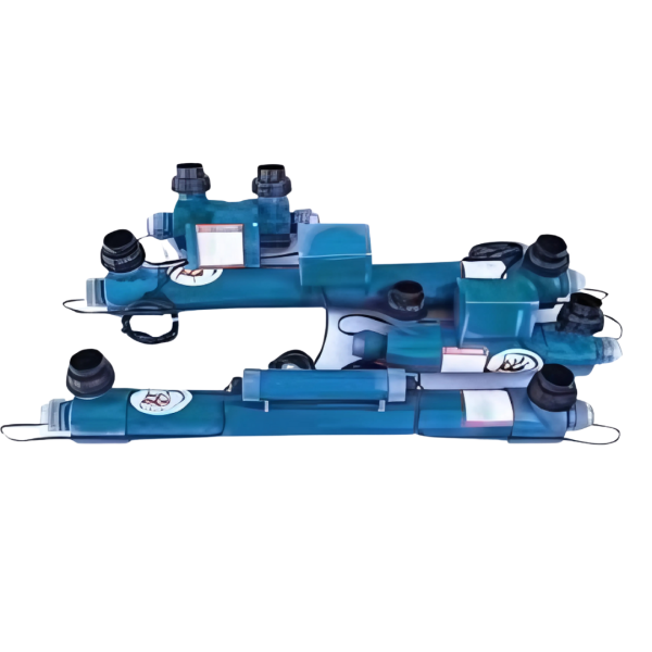 UV clarifier with blue inline housing and hose connectors for improving water clarity in ponds and pools