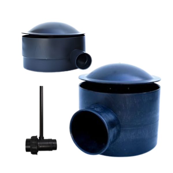 Pond accessories including blue aeration diffuser domes and an air control valve for koi pond aeration setup