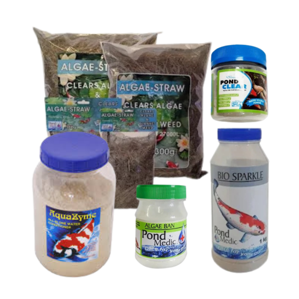 Pond water treatment products including algae control, water clarifiers and koi pond conditioners in bottles and bags