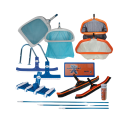 Pool cleaning accessories and tools including leaf nets, brushes, vacuum head, telescopic poles and a pool test kit