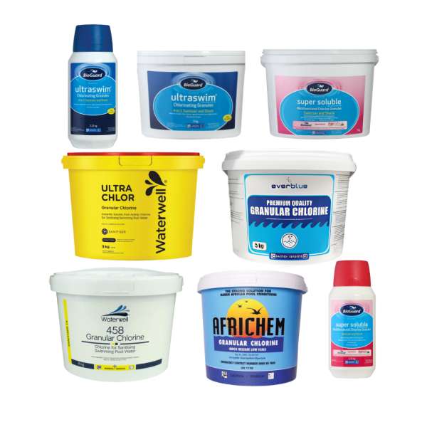 Pool chlorine products including granular chlorine tubs and bottles for swimming pool sanitation