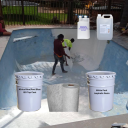 Pool construction products for fibreglass repairs showing resin, top coat, catalyst and fibreglass matting with a pool relining scene