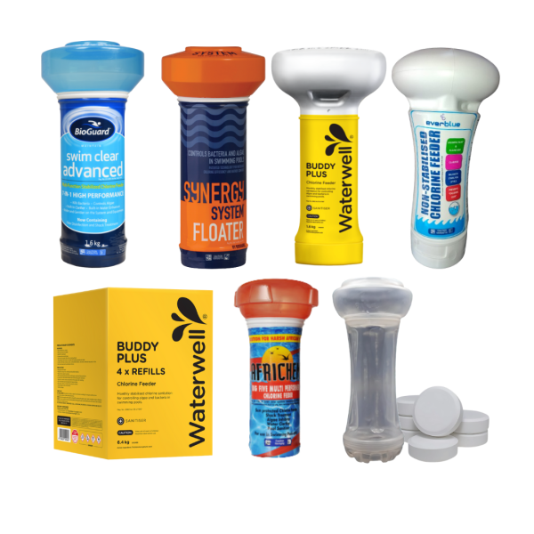 Pool floaters and chlorine tablet dispensers including floating feeders and refill packs for steady chlorine dosing