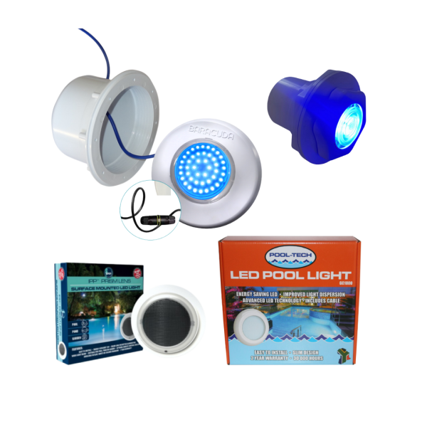 Pool lights and spares including LED pool light units, housings, cables and replacement parts for pool lighting systems