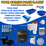 Pool Builders Pack 0.45kW pool combo pack graphic for plastic shell pools showing pump, filter, DB box, liner weir, liner light and fittings kit