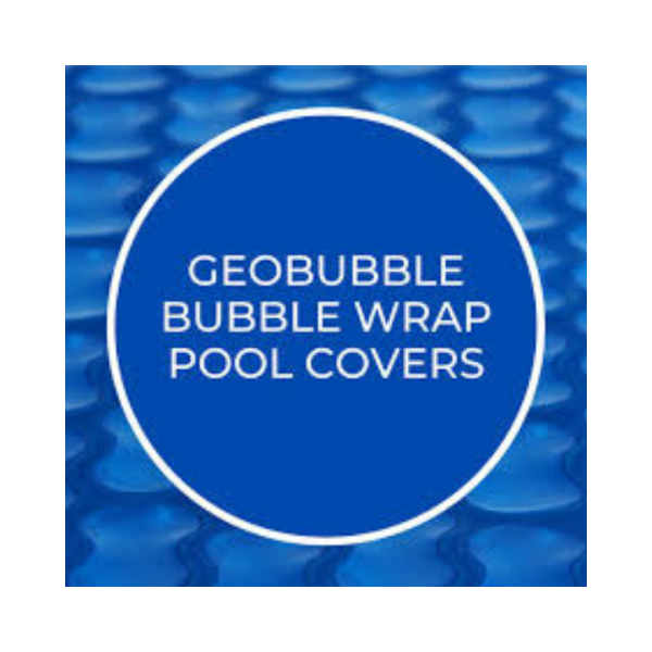 Geobubble bubble wrap pool covers graphic on a blue bubble pattern background