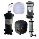 Pool filters assortment including sand filter tanks and cartridge filter housings for swimming pool filtration systems