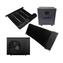 Pool heating solutions assortment showing a pool heat pump and solar pool heating panels for warming swimming pool water