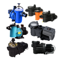 Pool pumps assortment showing multiple swimming pool circulation pump models for filtration systems on a plain background