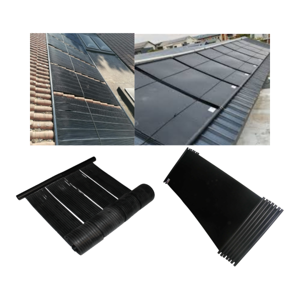 Solar pool heating panels shown installed on roofs with examples of solar collector panels for warming swimming pool water