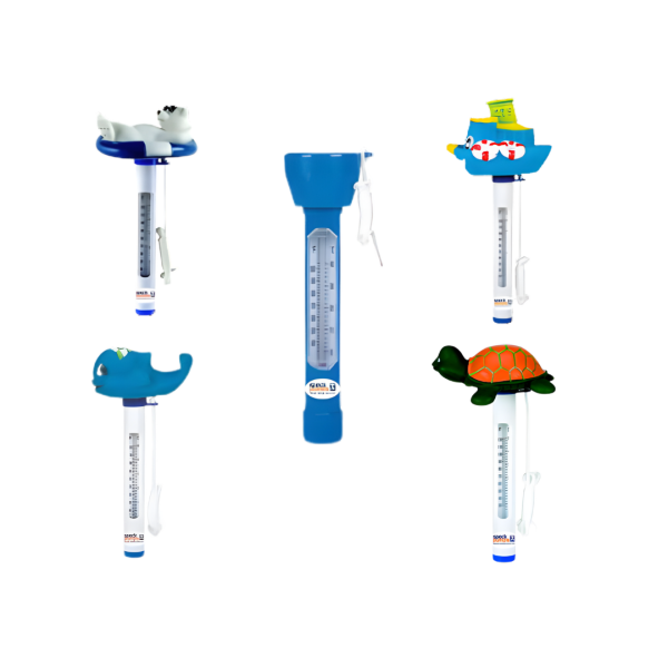 Floating pool thermometers assortment showing multiple novelty designs and a standard pool temperature gauge